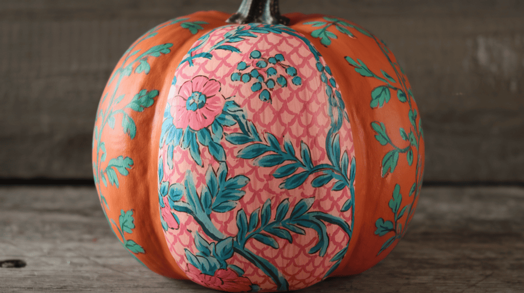 A painted pumpkin with a vintage wallpaper design. The pumpkin has a orange base color and is painted with a floral pattern in shades of pink, blue, and green. The pattern includes leaves, flowers, and a trellis. The background is a rustic wooden surface.