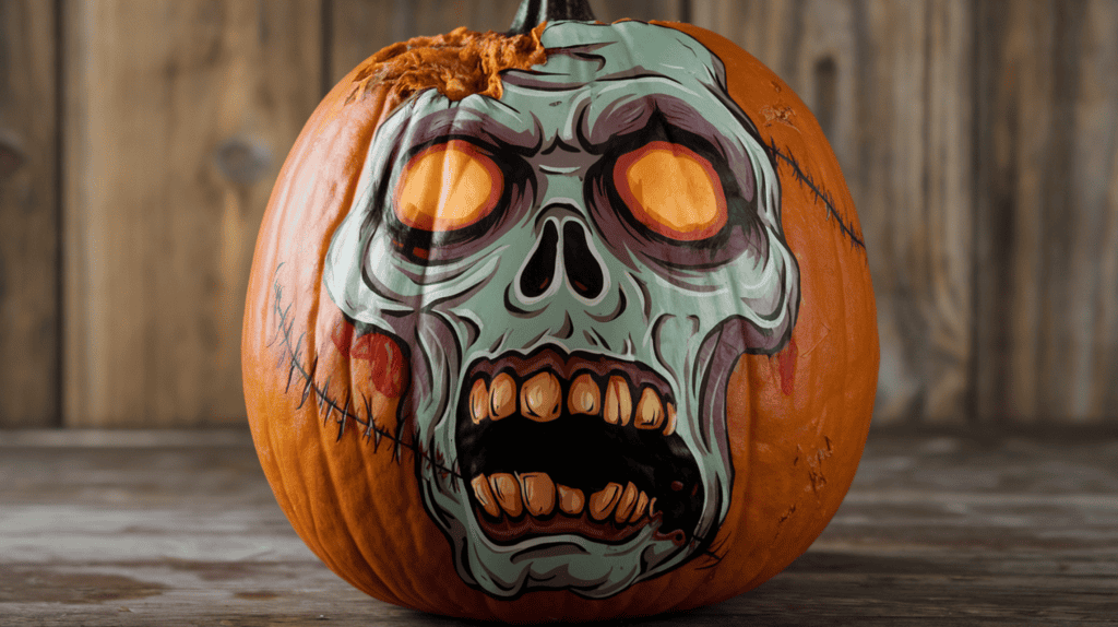A painted pumpkin with a zombie face. The pumpkin has a decaying appearance, with visible cracks and rough texture. The zombie face has hollow eyes, sharp teeth, and a torn mouth. There are also visible stitches on the pumpkin. The background is a wooden surface with a rustic charm.