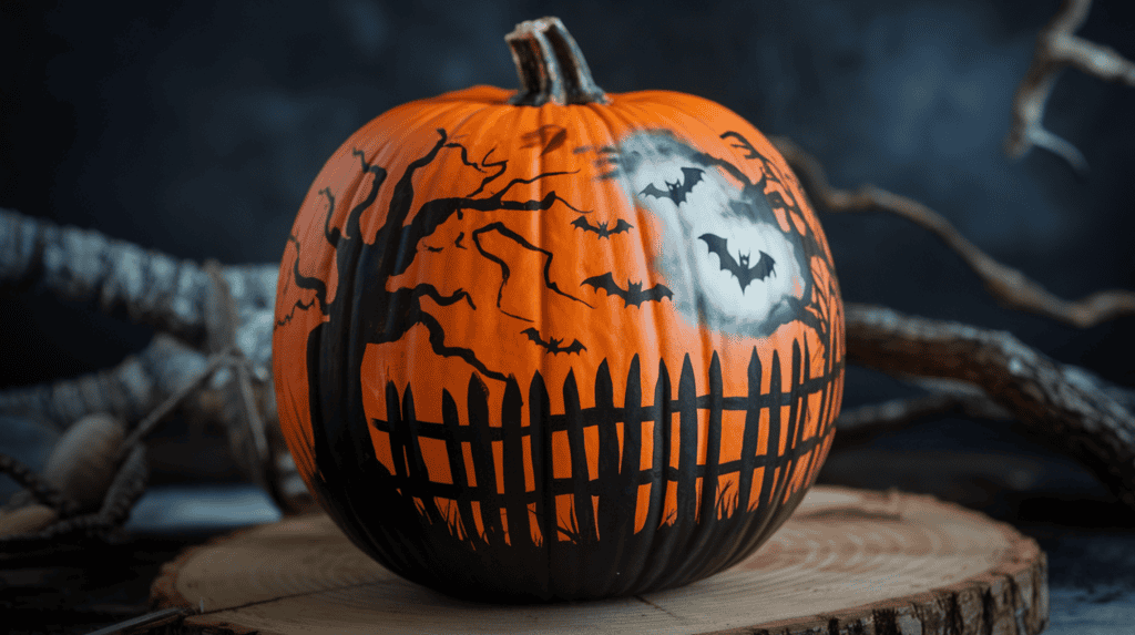 A painted pumpkin with a haunted scene. There's a spooky fence, twisted trees, bats flying, and a ghostly mist. The pumpkin is placed on a wooden plank. The background is dark.