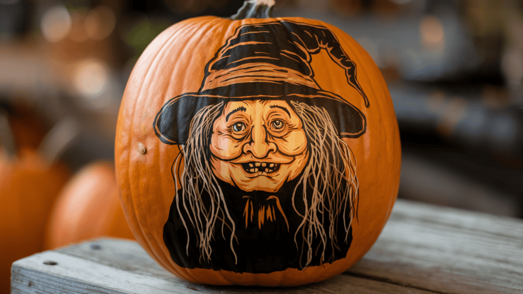 A painted pumpkin with a witch design. The witch has a crooked hat and stringy hair. She is wearing a black dress and has a warty nose. The pumpkin is placed on a wooden surface. The background is blurred and contains other pumpkins.