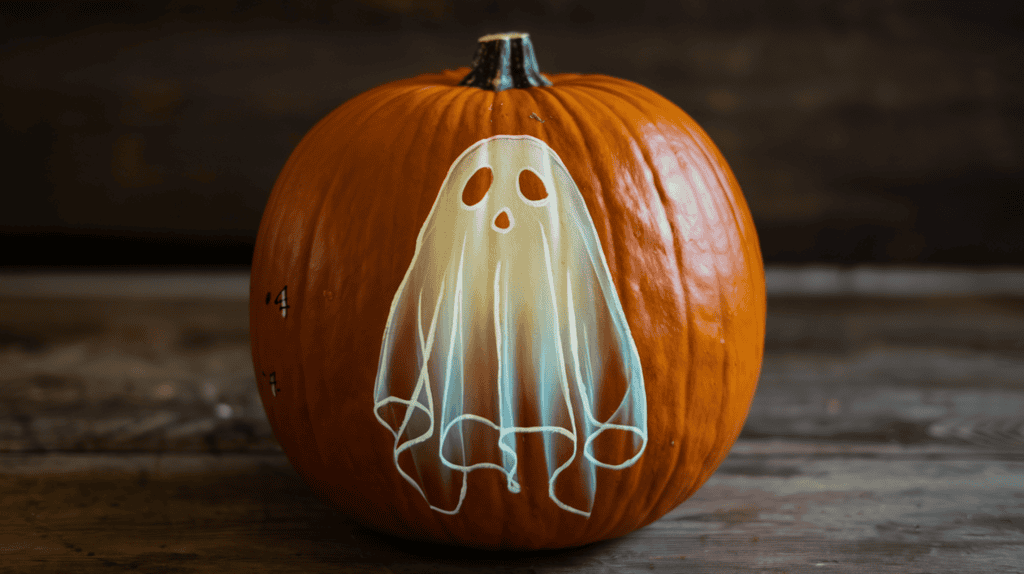 A painted pumpkin with an ethereal ghost design. The ghost has translucent layers of white and pale blue, giving it a glowing effect. The pumpkin is placed on a wooden surface. The background is dark.