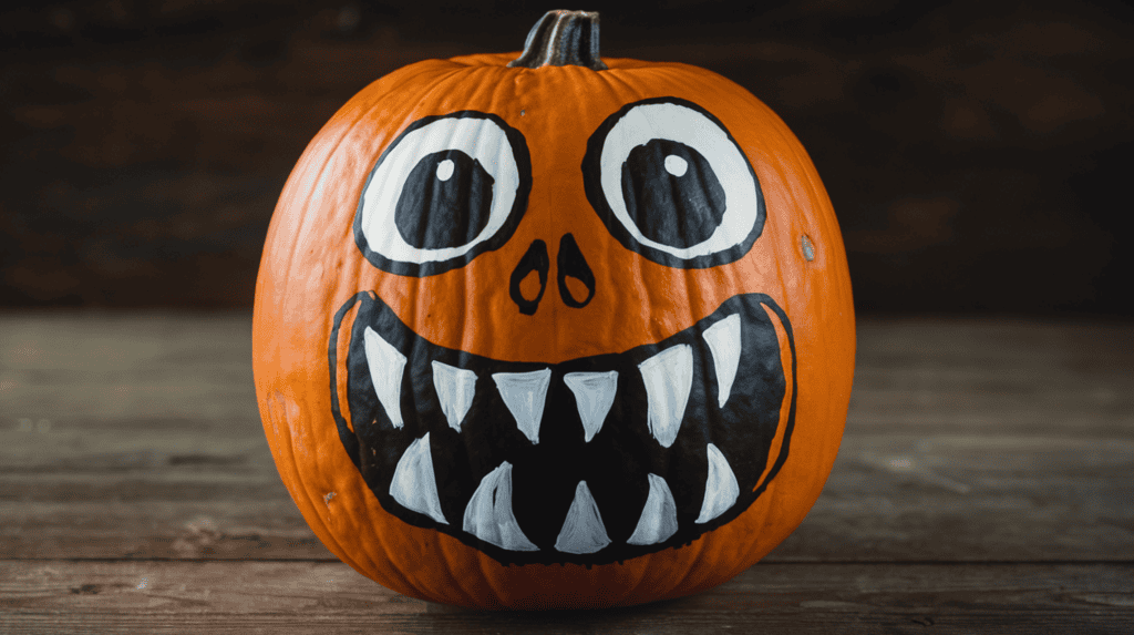 A painted pumpkin with a scary monster face. The monster has very big teeth. The pumpkin is placed on a wooden surface. The background is dark.