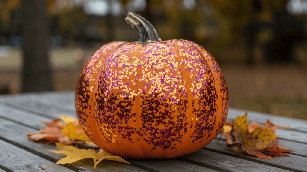 A pumpkin with colorful glitter all over it. The pumpkin is placed on a wooden table. There are autumn leaves around the pumpkin. The background is blurred and contains trees.
