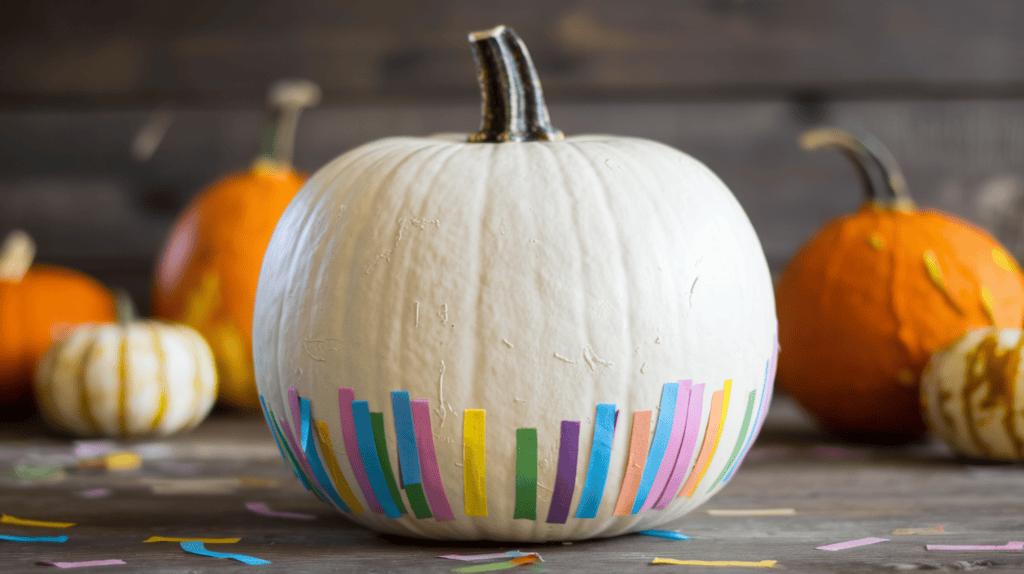 A fully painted white pumpkin. There are small, colorful confetti-like pieces of washi tape on the bottom of the pumpkin. The background is a wooden surface with a few pumpkins of various sizes.