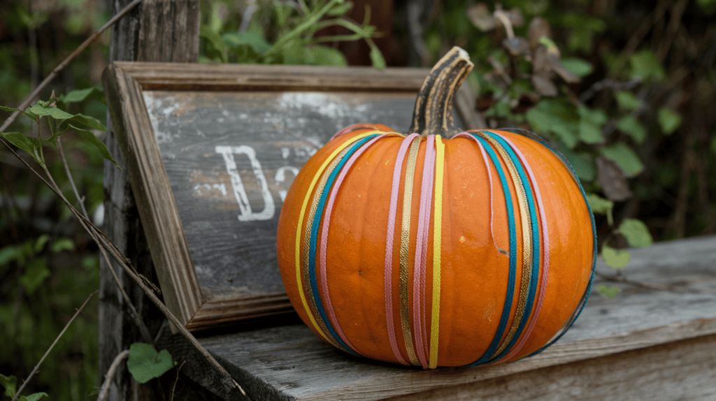 A pumpkin with vertical, colorful stripes of thin ribbon. The pumpkin is placed on a wooden surface. There is a rustic, worn-out sign behind the pumpkin. The background is overgrown with greenery.