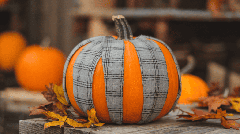A pumpkin with grey plaid fabric smoothly glued onto its surface. The pumpkin is placed on a wooden surface. There are autumn leaves scattered around the pumpkin. The background is blurred and contains more pumpkins and a rustic structure.