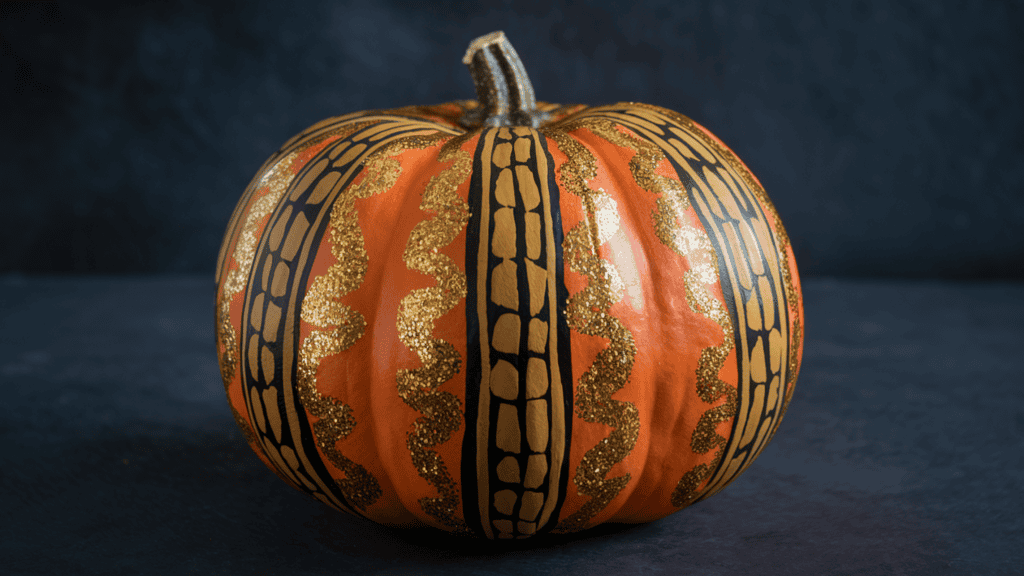 A pumpkin with a gorgeous design. The pumpkin has a orange base and is painted with black and white patterns. There are also gold glitter accents on the pumpkin. The background is dark.