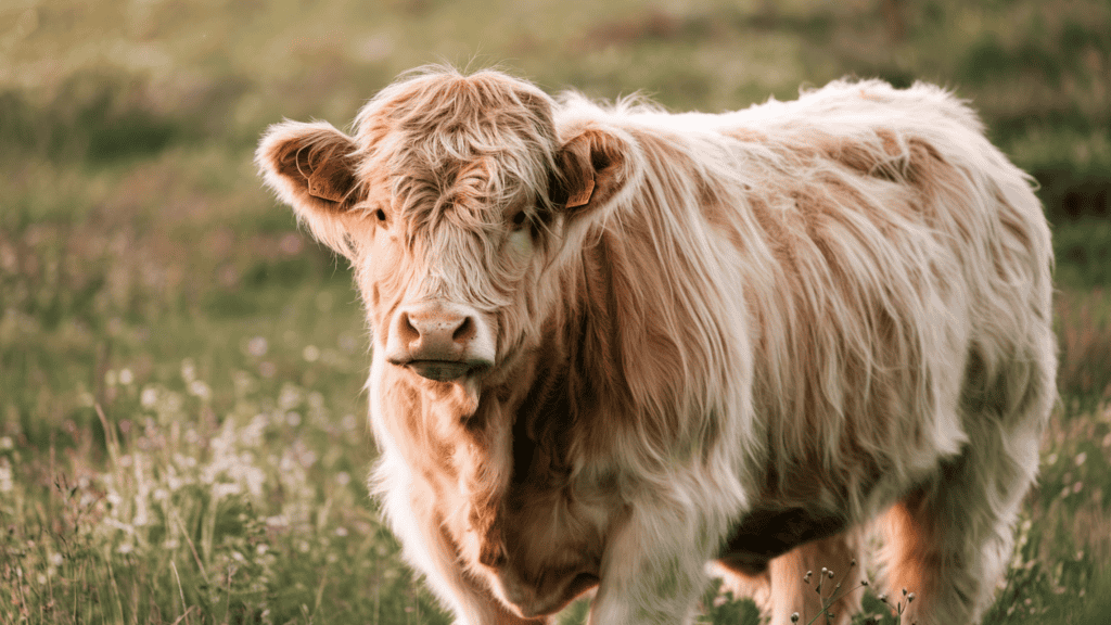 An adorable majestic fluffy cow with its long hair glistening in the summer sun.