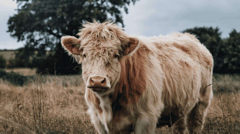 Humorous photo of a fluffy cow with a "bed head" look.