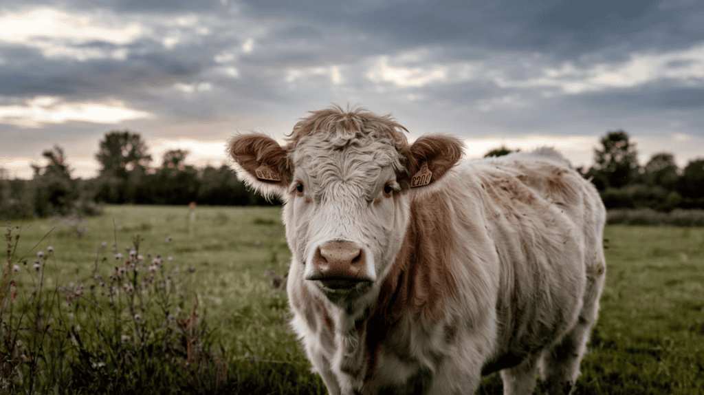 Candid shot capturing a fluffy cow's curious expression.
