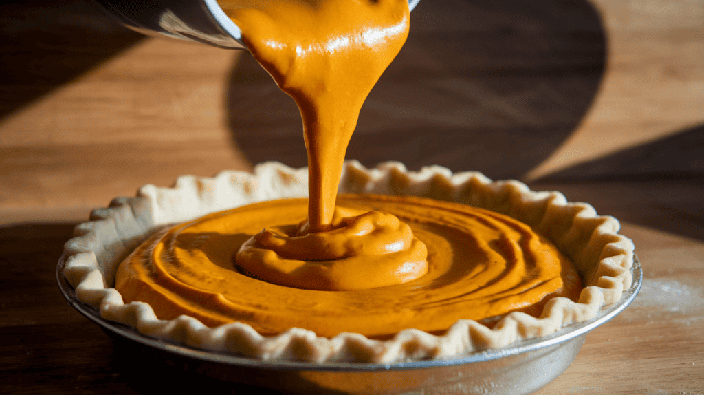 A silky pumpkin pie filling poured into a pie crust ready to be baked. The pie crust is placed in a pie dish and has a golden brown color. The pie filling has a rich orange color and is slightly creamy. The background is a wooden surface. There is a shadow of a pie dish on the wall behind the pie.