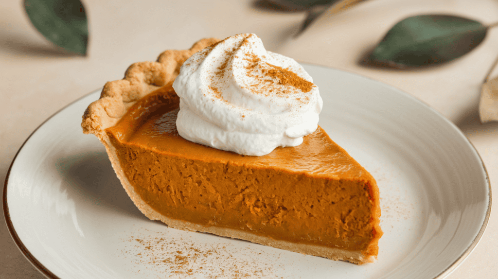 A delicious slice of pumpkin pie with whipped cream and a dusting of cinnamon. The pie has a golden-brown colour and a slightly glossy finish. The pie is served on a white plate. There is a dollop of whipped cream on top of the pie. The whipped cream is fluffy and white. A sprinkle of cinnamon is dusted on top of the whipped cream. The background is clean and simple, with a few leaves.