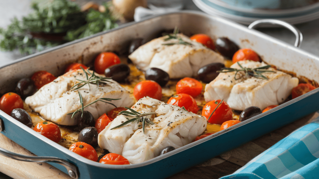 A gorgeous cooked baking pan of Mediterranean fish with cherry tomatoes & olives. There are four cod fillets resting on a bed of cherry tomatoes and kalamata olives. The pan is placed on a wooden board. The background is blurred, revealing fresh herbs and a few other dishes.