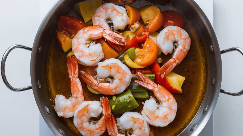 A pan of delicious-looking peeled shrimp and lots of pre-cut veggies cooking in a thin brown sauce. The shrimp and vegetables are covered in a delicious honey garlic sauce that looks mouth-watering. The background is a pristine white surface.