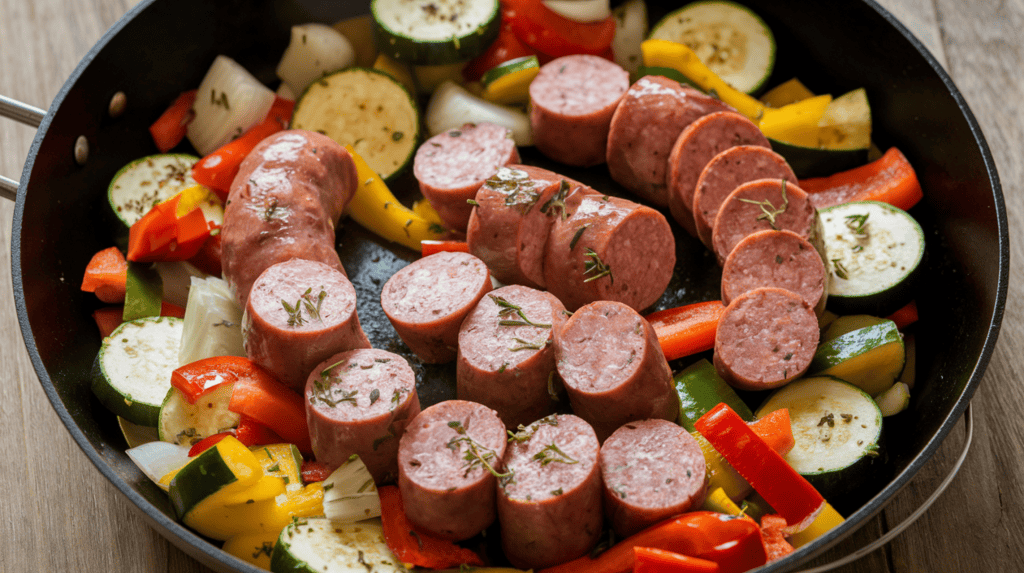 A skillet with Italian sliced sausages browning along with chunked vegetables such as zucchini, bell peppers, and onions. The sausages are cut into thick slices. There is a sprinkle of Italian herbs over the sausages and vegetables. The skillet is set on a wooden surface.