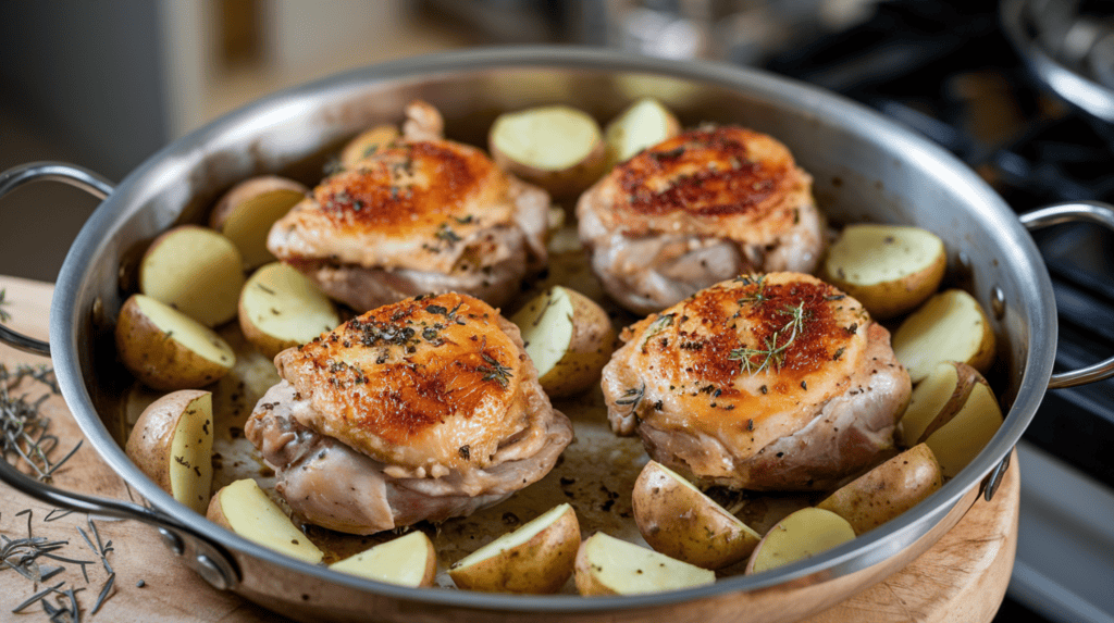 Four chicken thighs with beautifully golden and crispy skin roasting in a pan with lots of cooked halved baby potatoes. The chicken is seasoned with herbs and spices. The pan is placed on a wooden board. There are some herbs scattered around the pan. The background is blurred, showing a kitchen with a stove and other cooking utensils.