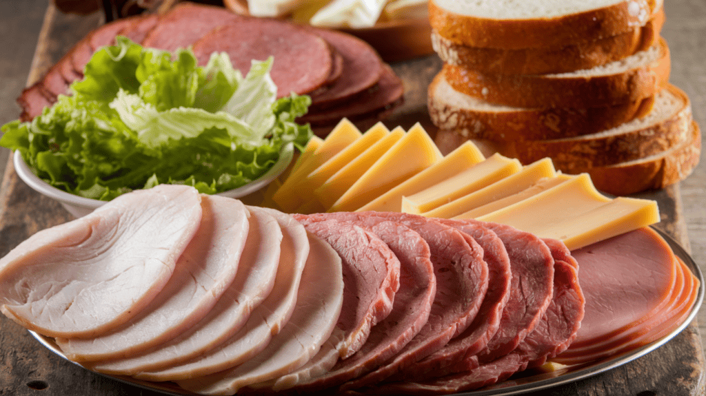 A homemade "sandwich bar" with turkey, roast beef, ham, slices of mozzarella and cheddar cheese, lettuce leaves, and a stack of bread. The turkey, roast beef, and ham are thinly sliced and placed on a plate. Next to the meat is a pile of cheese slices, followed by a bowl of lettuce leaves. At the end of the bar, there's a stack of bread. The background is a rustic wooden board.