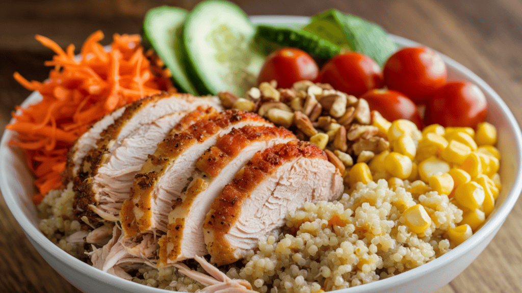 A bowl of shredded rotisserie chicken, cooked quinoa, shredded carrots, cucumber, avocado, cherry tomatoes, corn, and a sprinkling of nuts on top. The chicken is golden brown and has a crispy skin. The quinoa is cooked and fluffy. The vegetables are fresh and vibrant. The nuts add a crunchy texture. The bowl is set against a wooden background.