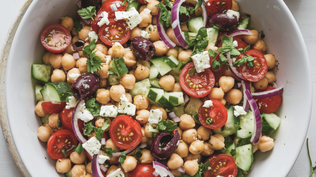 A large white bowl of delicious chickpea salad. The chickpea salad consists of chickpeas, diced cucumber, halved cherry tomatoes, sliced red onion, chopped kalamata olives, and fresh herbs. It has a sprinkling of feta cheese on top.