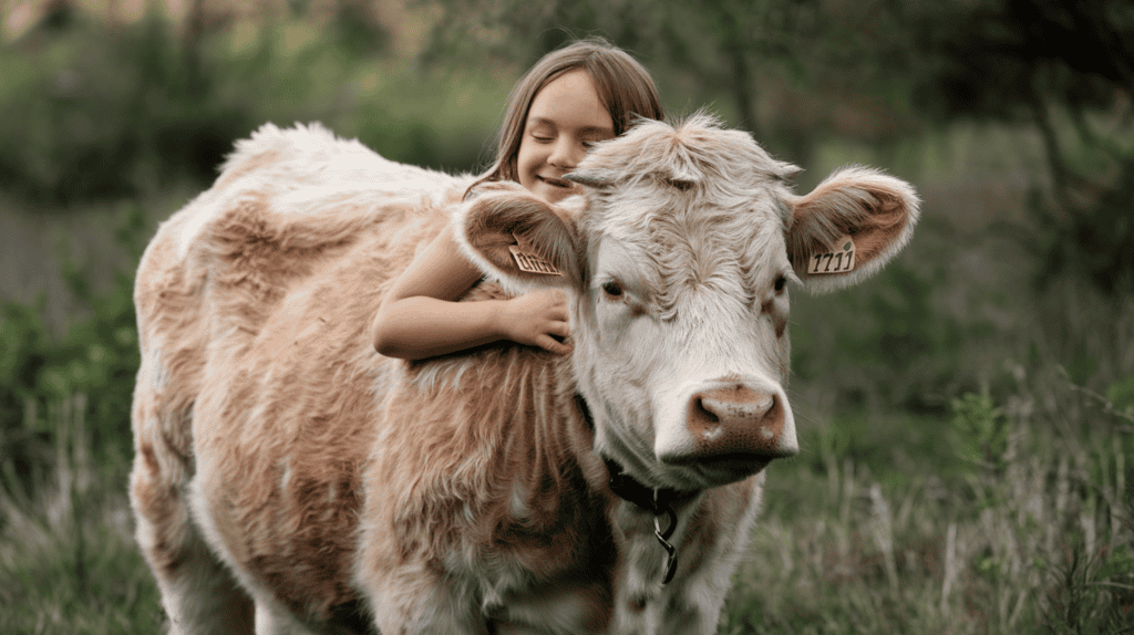 Heartwarming photo of a child hugging a fluffy cow.