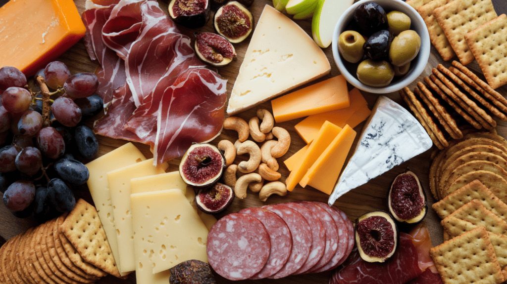 A charcuterie board with 3 types of meat, 3 varieties of cheese, 2 kinds of nuts, fresh and dried fruit, olives, and crackers. The meat includes a prosciutto, a salami, and a sausage. The cheese varieties are a cheddar, a brie, and a gouda. The nuts are almonds and cashews. The fresh fruit is grapes and apples, and the dried fruit is apricots and figs. There are olives in a bowl. The board is accompanied by a variety of crackers.