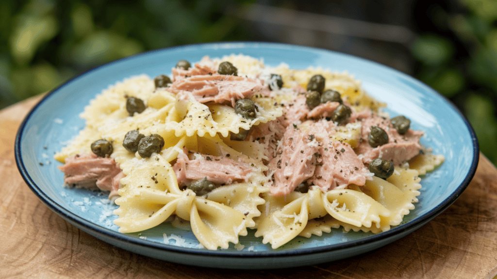A delicious plate of bowtie pasta with tuna and capers. The pasta is cooked al dente and is tossed with a creamy sauce. The sauce is made with tuna, olive oil, lemon juice, and capers. The pasta is garnished with freshly ground black pepper and grated parmesan cheese. The plate is placed on a wooden board. The background is blurred and consists of greenery.