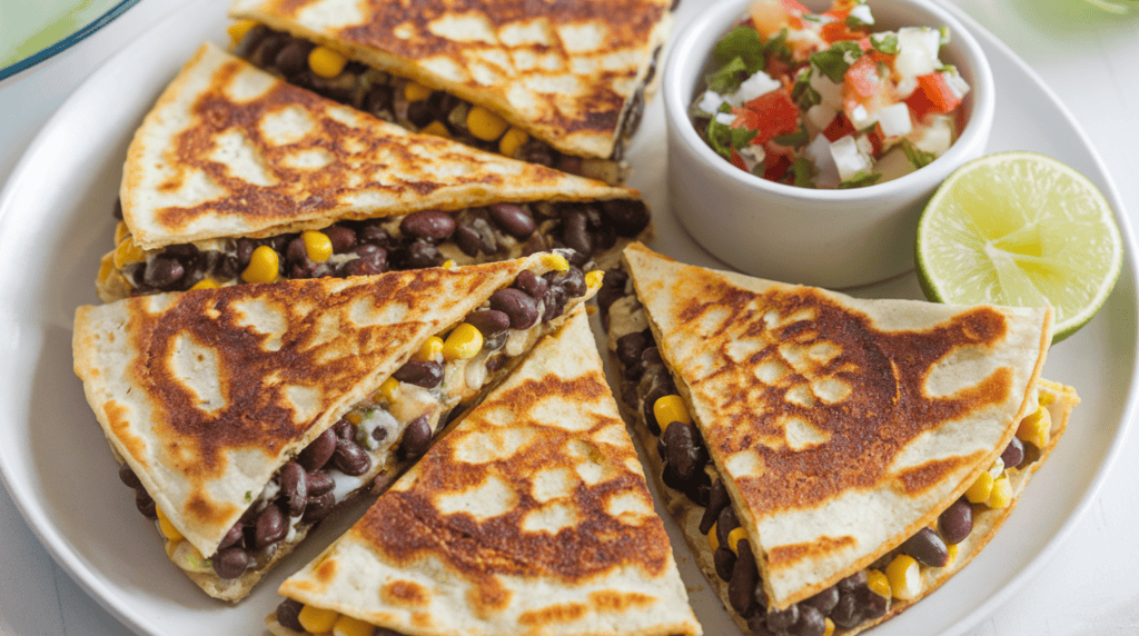 A plate of golden-brown black bean and corn quesadillas, sliced into wedges. The quesadillas have a crispy exterior and are filled with black beans, corn, and melted cheese. They are served with a side of fresh salsa and a lime wedge. The background is a simple white plate.
