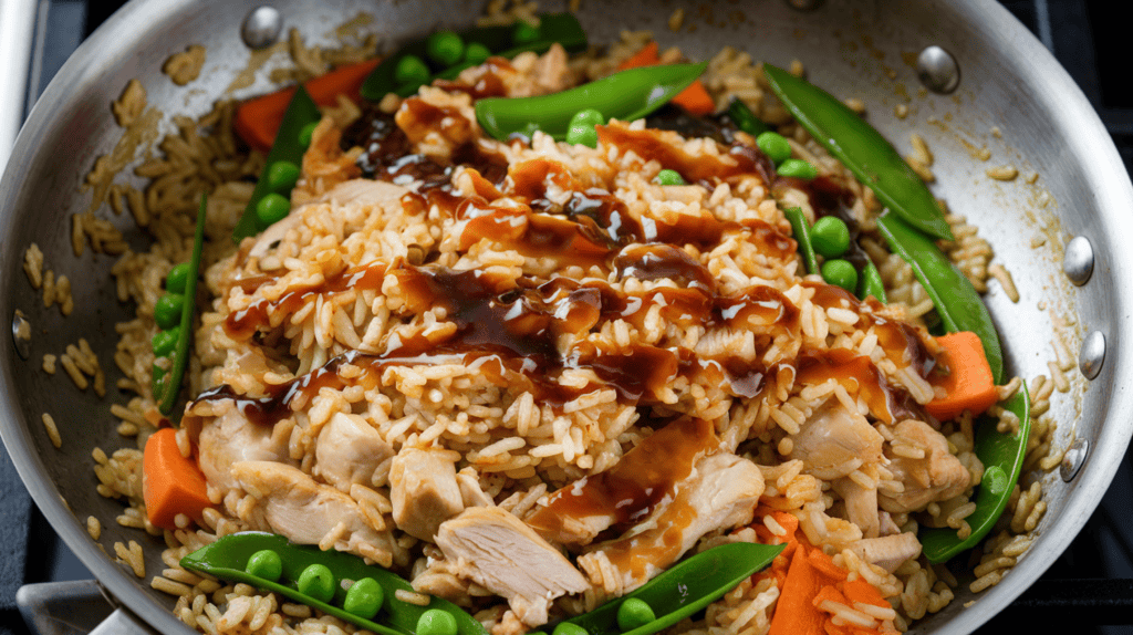 A pan of fried rice with vegetables, chicken, and a stir-fry sauce. The rice is cooked and has a golden hue. There are green peas, carrots, and onions visible. The chicken is diced and is mixed into the rice. The stir-fry sauce is dark and glossy, coating the ingredients.