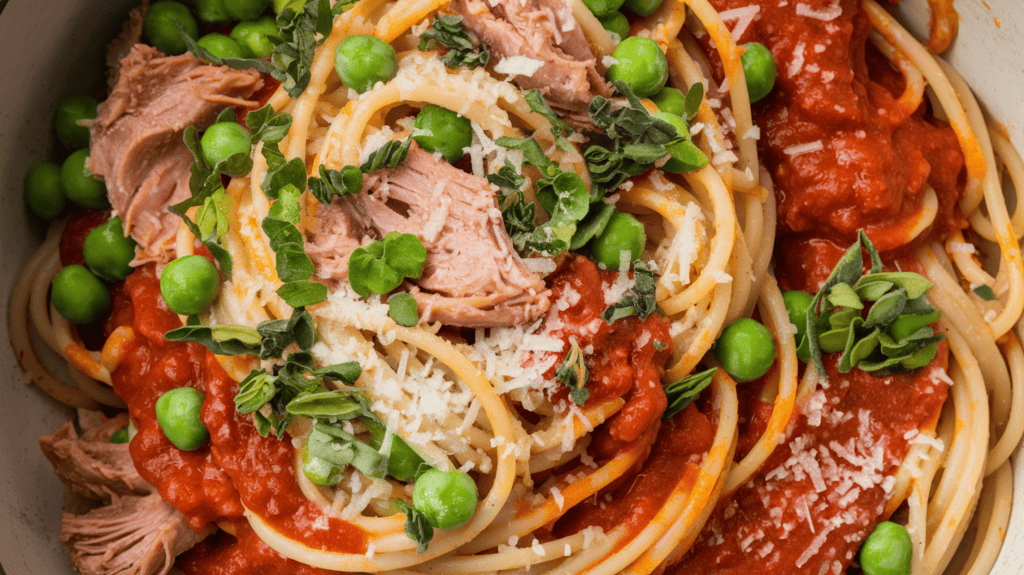 A delicious pasta dish containing spaghetti, tuna, peas, marinara sauce, and dried Italian herbs. The spaghetti is tossed with the sauce and the ingredients, creating a dish with a mix of textures and flavors. The dish is garnished with fresh herbs and grated cheese. The background is clean and simple.