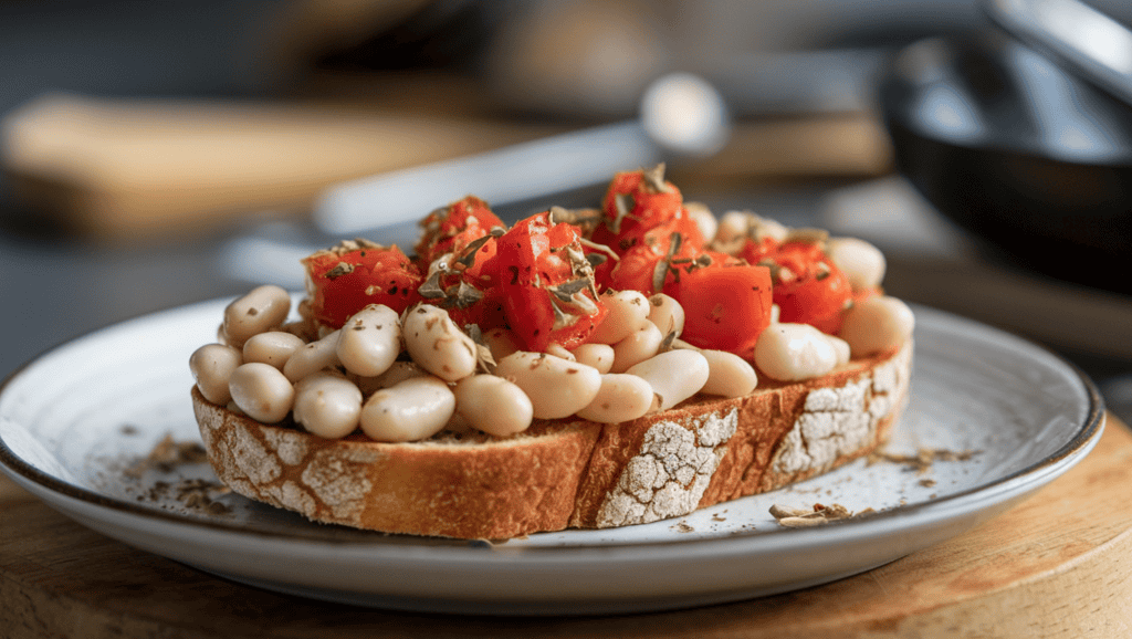 A piece of toast topped with heated white beans and diced tomatoes. The beans and tomatoes are seasoned with a sprinkling of dried herbs. The toast has a golden-brown hue and is placed on a white plate. The plate is on a wooden surface. The background is blurred and consists of cooking utensils and ingredients.