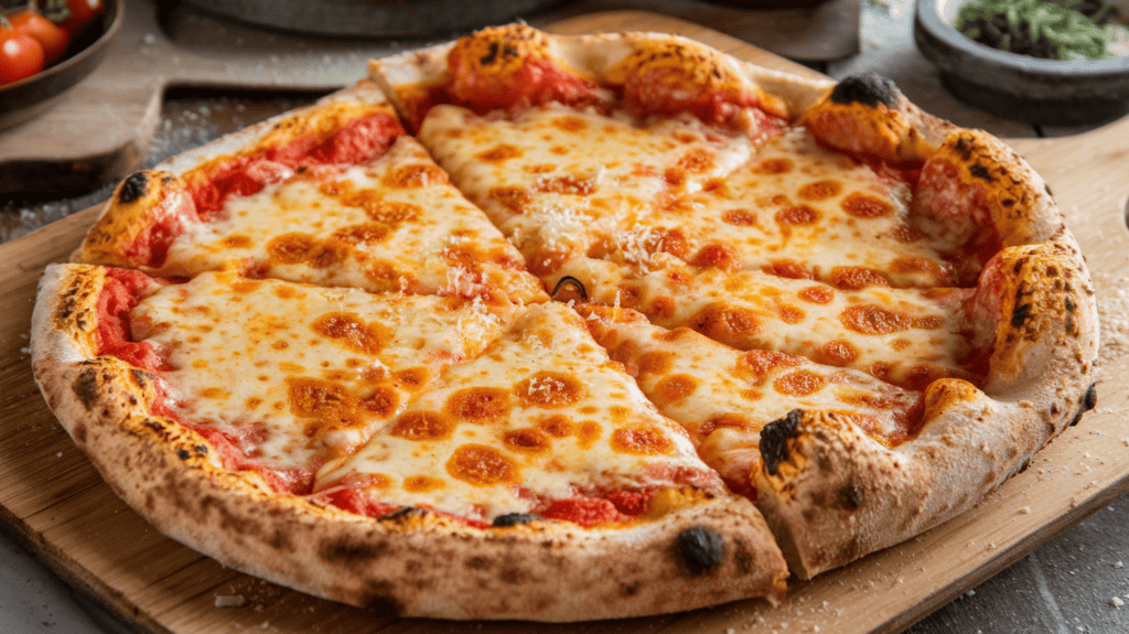 A freshly made homemade cheese pizza. The pizza has a golden crust and is topped with a generous amount of cheese, which has browned and bubbled. There are also some charred areas on the crust. The pizza is placed on a wooden peel. There is a sprinkle of Parmesan cheese on top. The pizza is sliced into thin, long slices. The background is a rustic kitchen with a few items, including a bowl of tomatoes and a dish of herbs.