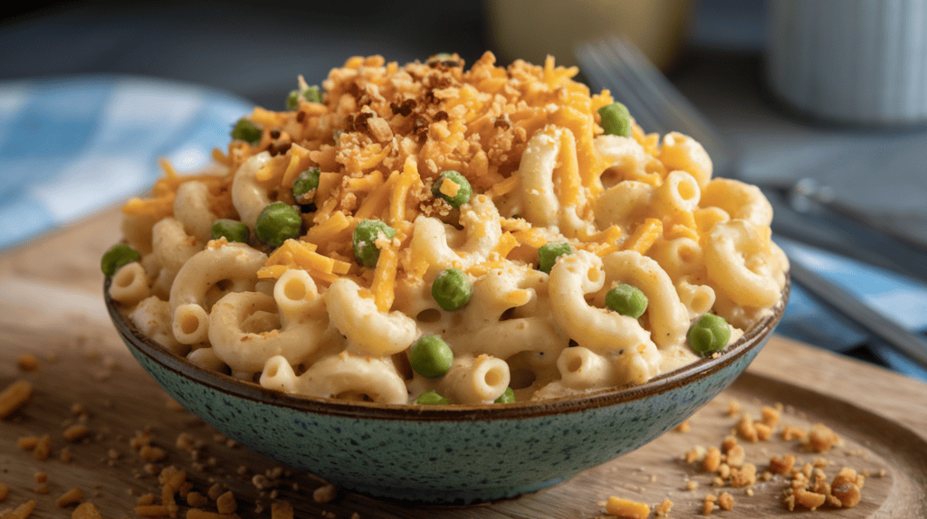 A creamy bowl of macaroni and cheese made with real shredded cheese and peas. The macaroni and cheese is a golden brown color, with a sprinkle of breadcrumbs on top. The peas are green and are mixed in with the macaroni and cheese. The bowl is placed on a wooden board. The background is blurred and contains a few kitchen items.