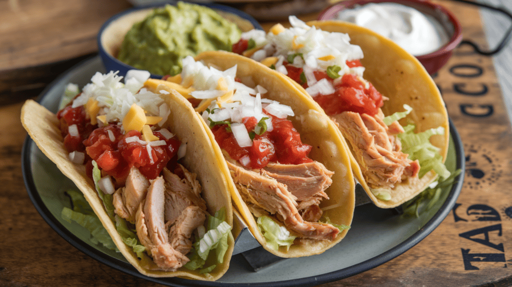 Hard shell tacos filled with shredded rotisserie chicken. The tacos are piled high with chicken and topped with salsa, shredded onions, lettuce, and cheese. The tacos are served on a plate with a side of sour cream and guacamole. The background is a rustic wooden board.
