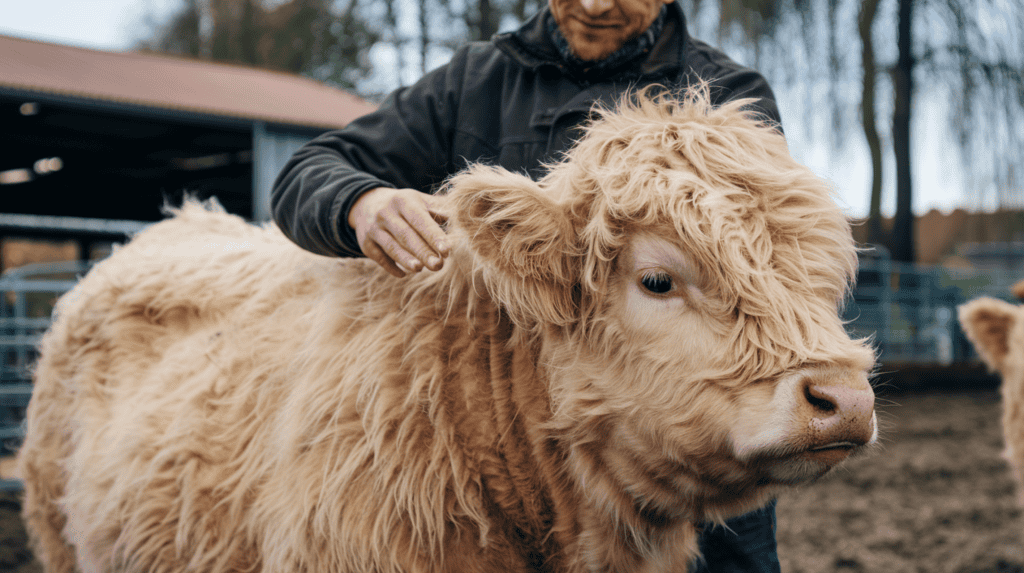 A farmer affectionately grooming their fluffy cow.