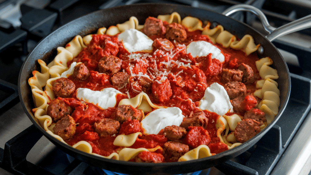 A skillet on a stove, containing a well-combined dish of broken 2-inch lasagna noodle pieces, browned pieces of Italian sausage, marinara sauce, and a few spoonfuls of ricotta. The noodles are slightly crispy at the edges. The dish has a rich, dark red color from the marinara sauce. There's a sprinkle of Parmesan cheese on top. The skillet is set on medium-high heat, with visible flames.
