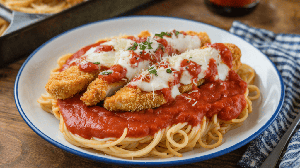 A plate of chicken parmesan with spaghetti. The plate contains spaghetti topped with breaded chicken tenders, marinara sauce, and mozzarella cheese. The breaded chicken tenders are completely smothered in the marinara sauce.
