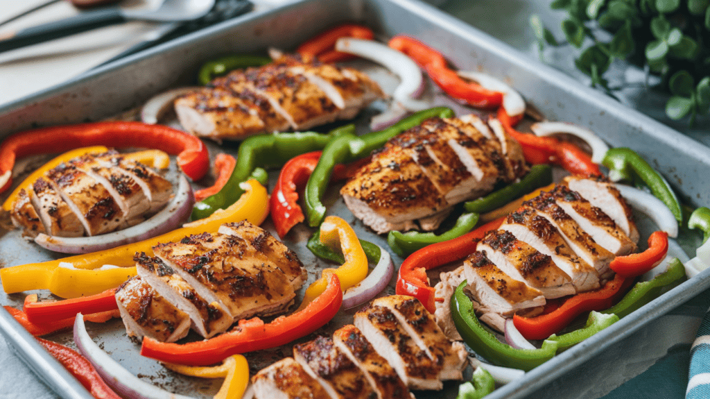 A sheet pan fajita with colorful bell peppers and pre-seasoned sliced chicken that has just come out of the oven. The pan is filled with onions, bell peppers, and chicken pieces evenly distributed across the pan. The chicken is golden brown and crispy. The background is blurred and consists of a few utensils and a green plant.