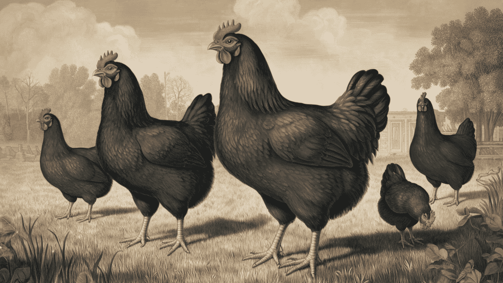 A historical drawing of large black Jersey Giant chickens.