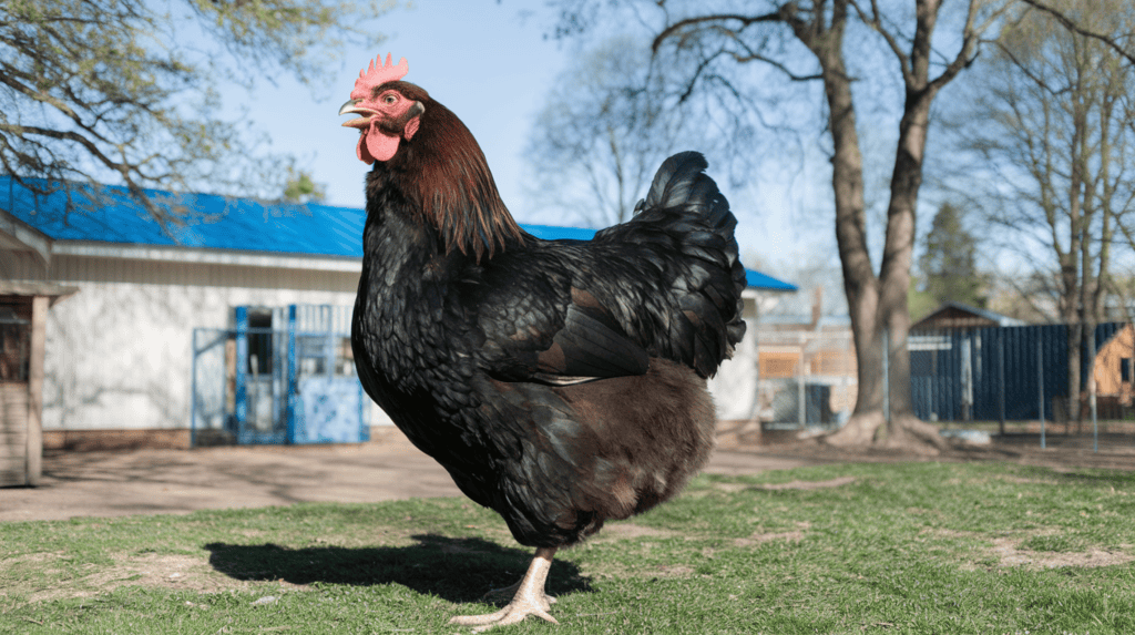 A large black jersey giant chicken outside on a sunny day.