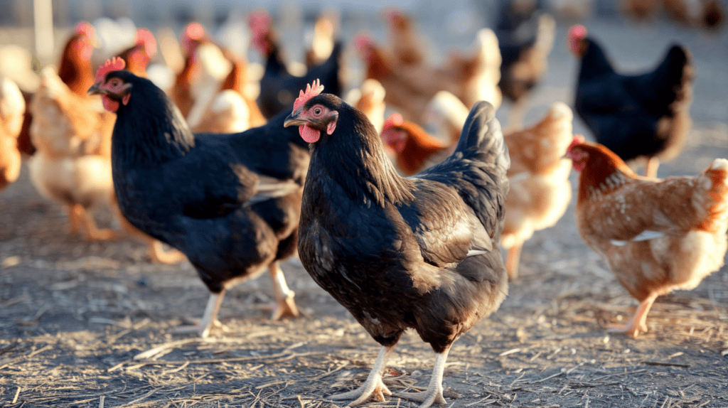 Some black Jersey Giant chickens among fellow chickens in a flock outside with the sun shining.