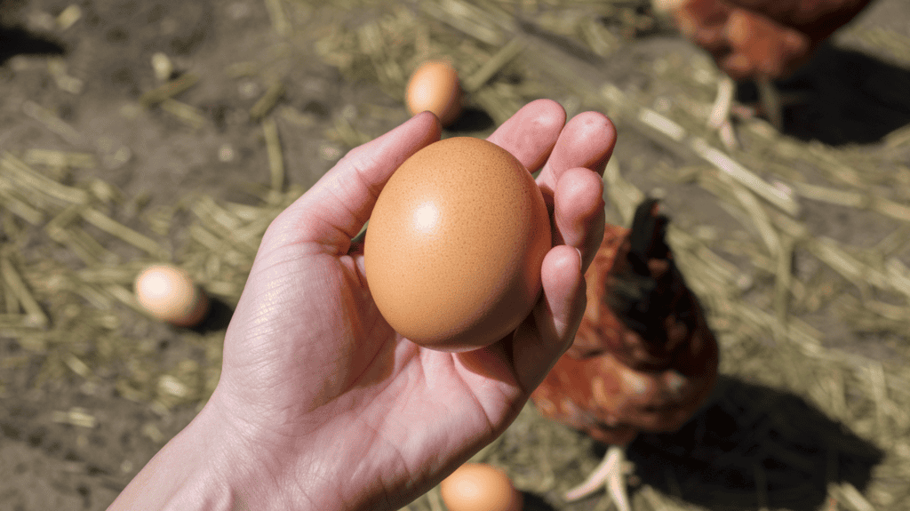A hand holding a large brown chicken egg with more eggs and chickens in the background outside.
