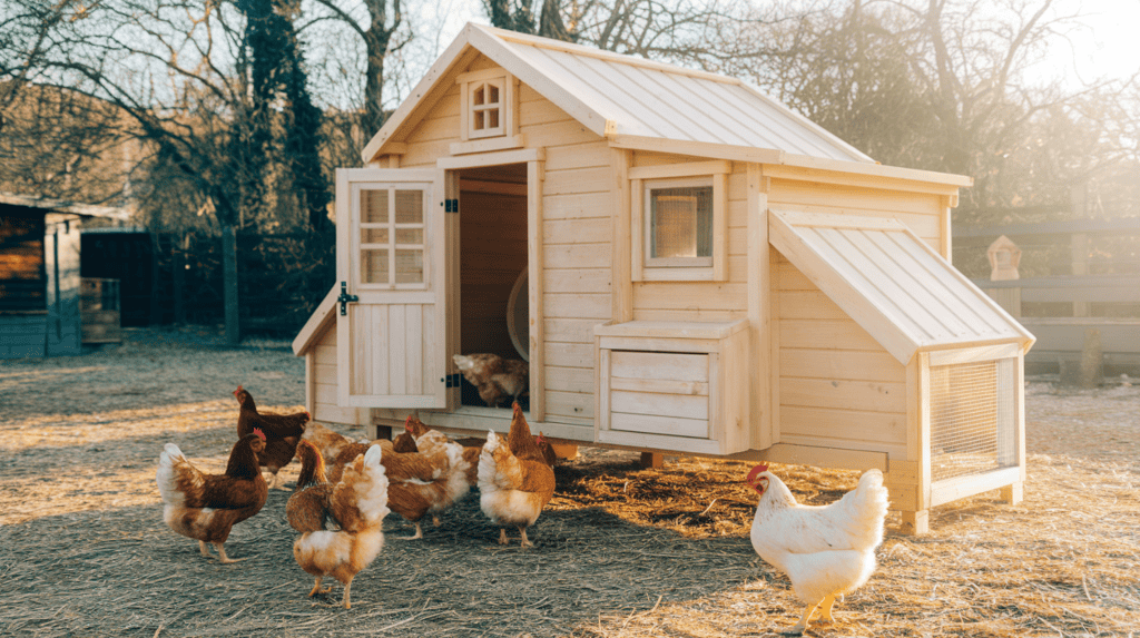 A large cute and homey wooden chicken coop with chickens nearby outside on a sunny day.