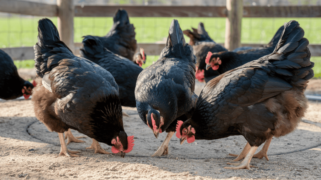 Large black Jersey Giant chickens pecking at the ground at chicken feed outside.