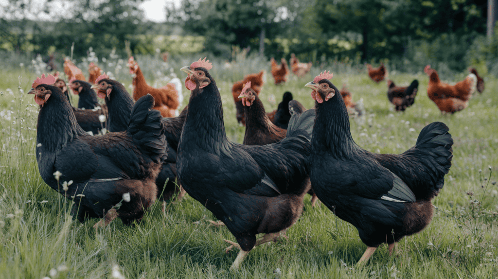 Happy and healthy large black Giant Jersey chickens exploring a grassy field outside.