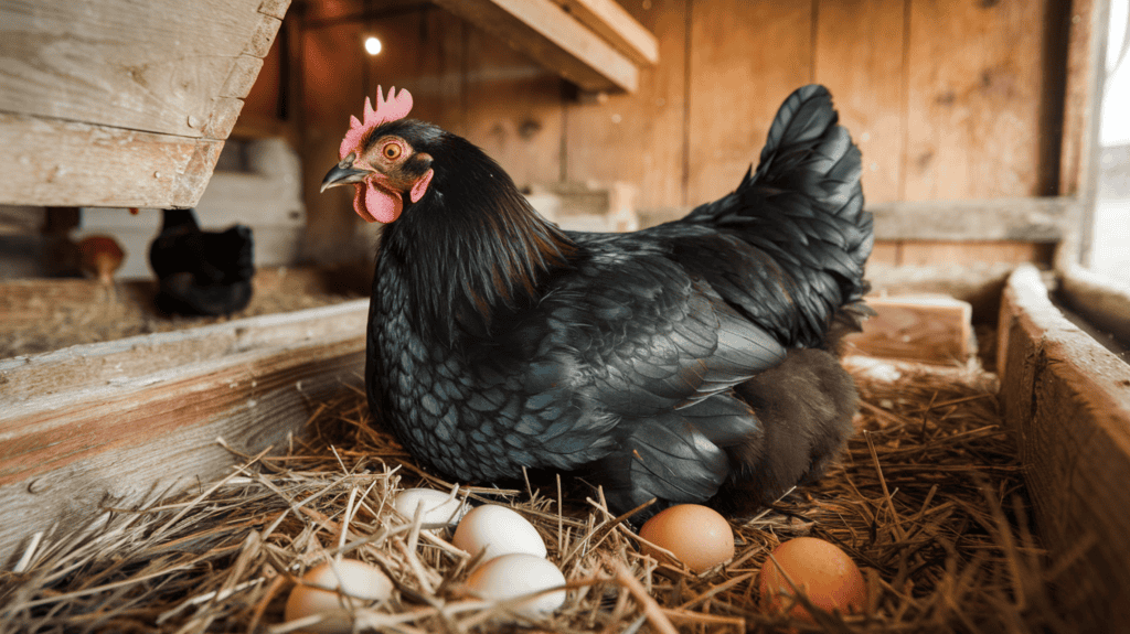 A large black chicken laying on its eggs on some hay in a chicken coop.