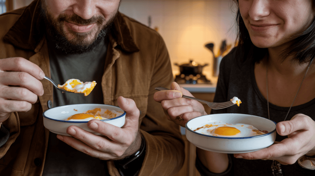 A man with a beard wearing brown jacket and a green shirt holding a fried egg in a white dish and eating it. Next to him is a woman with dark hair holding a white dish with a fried egg and eating it. She is wearing a gray top and a necklace.