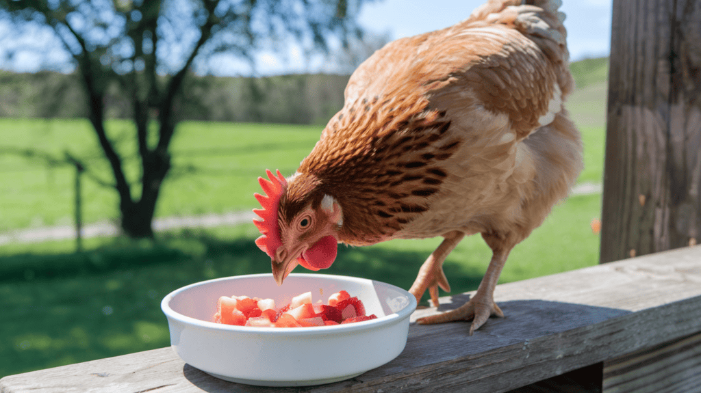 A chicken eating a very small amount of very small diced strawberries out of a white bowl outside. The chicken is standing on a wooden surface. The background reveals a lush green field and a few trees. The lighting is bright.