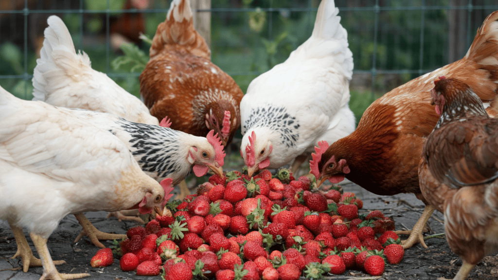 A group of chickens feasting on a heap of fresh strawberries outside. The chickens are scattered around the strawberries, with some chickens pecking at the strawberries while others are sitting or standing nearby. The background contains a fence and greenery.