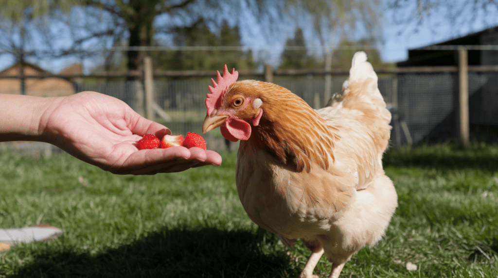 A of a human outside on a sunny day, lovingly giving a chicken a small portion of very small cut up strawberries from their hand. The chicken is pecking at the strawberries with its beak. The background contains a fence, trees, and a building. The ground is covered with green grass.