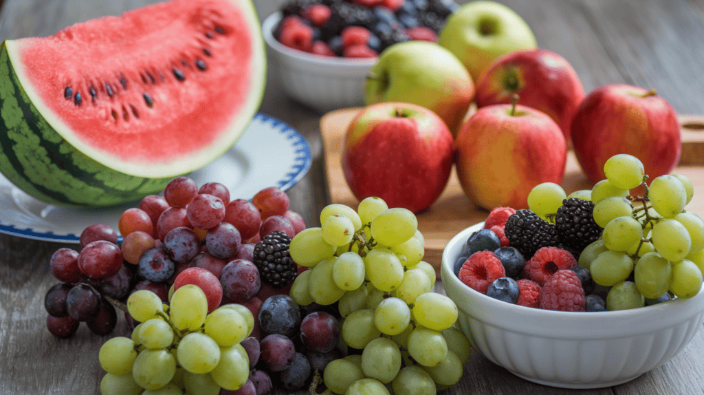 A watermelon slice, apples, berries, and grapes. The watermelon slice is on a white plate. The apples are red and green, and they are placed on a wooden cutting board. The berries are mixed and are placed in a white bowl. The grapes are green and purple, and they are placed in another white bowl. The fruits are fresh, and they are placed on a wooden surface.